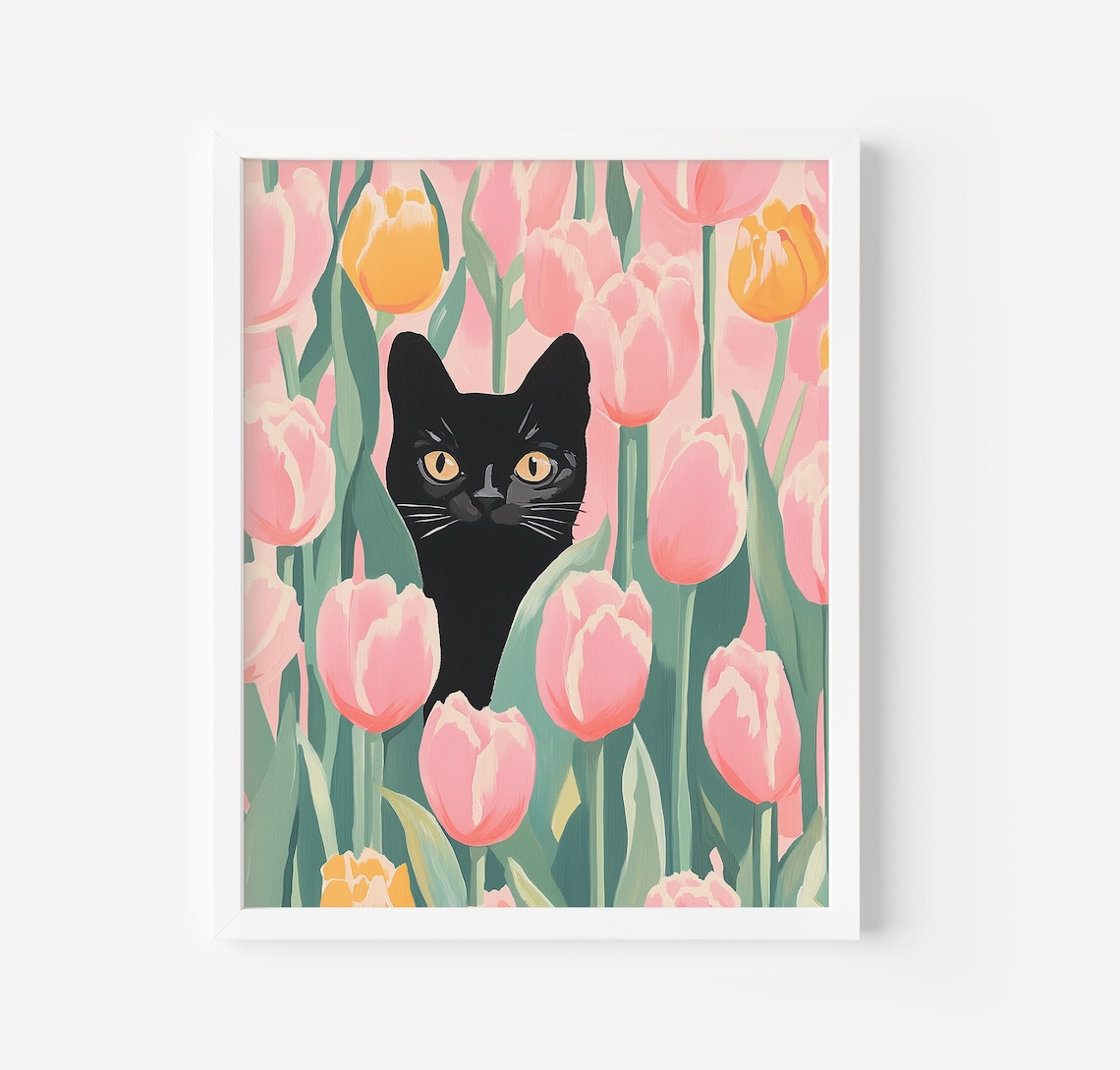 Black Cat and Tulip Garden Trendy Cat Art Print