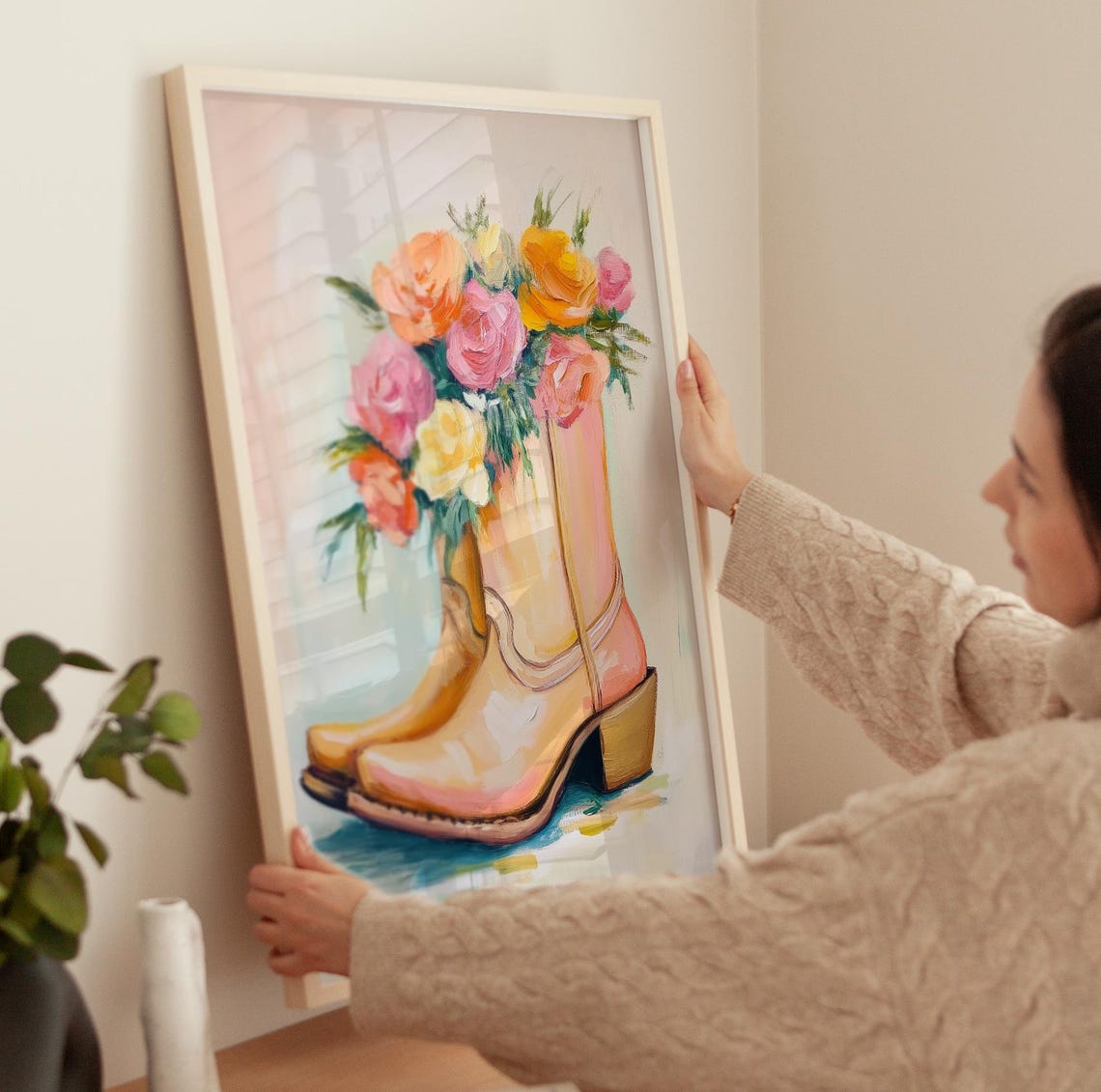 Cowboy Boots Bouquet of Roses Western Floral Oil Painting Poster - Image 3