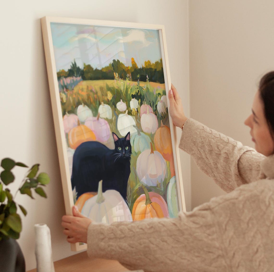 Black Cat In Pastel Pumpkin Patch Autumn Halloween Art Poster - Image 3