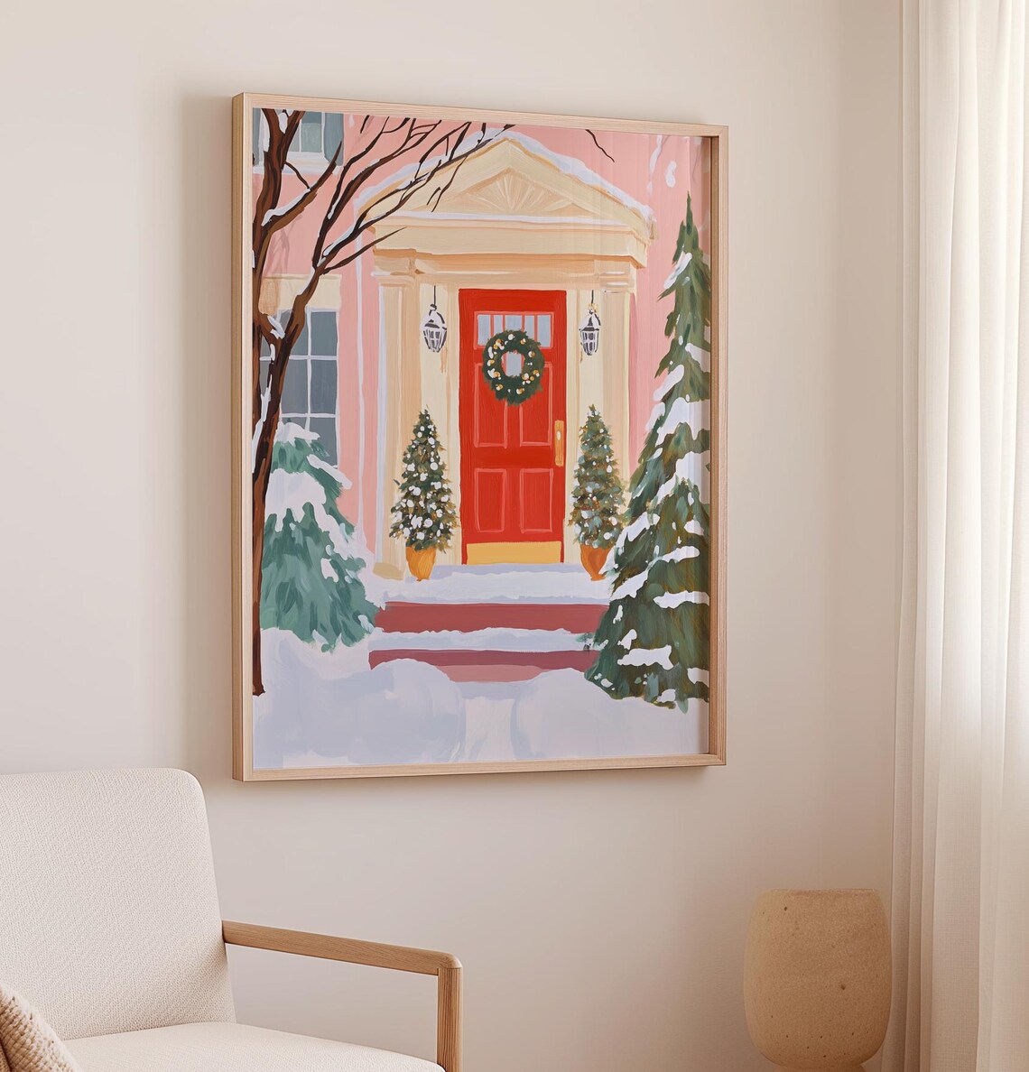 Red Door Christmas Wreath Cozy Snowy Home Painting Art Poster - Image 2
