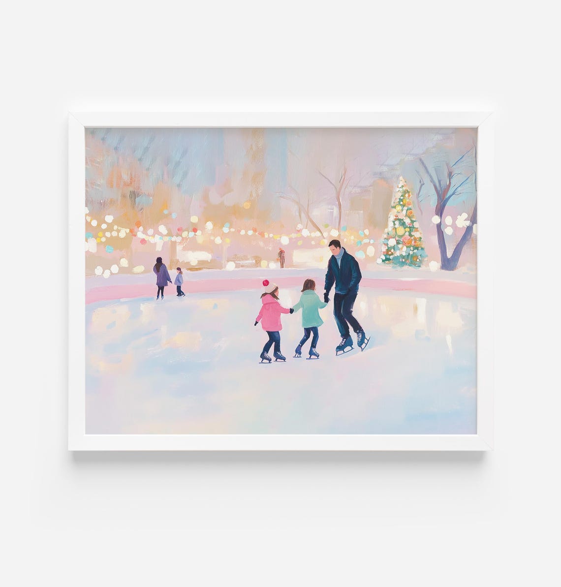 Father Skating Hand In Hand With Two Little Girls Christmas Poster