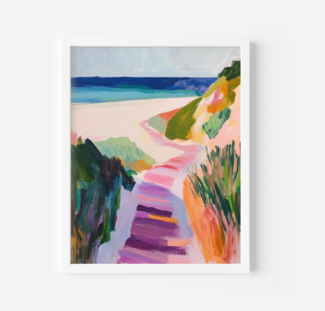 Coastal Beach Landscape Art Print, Pastel Summer Style