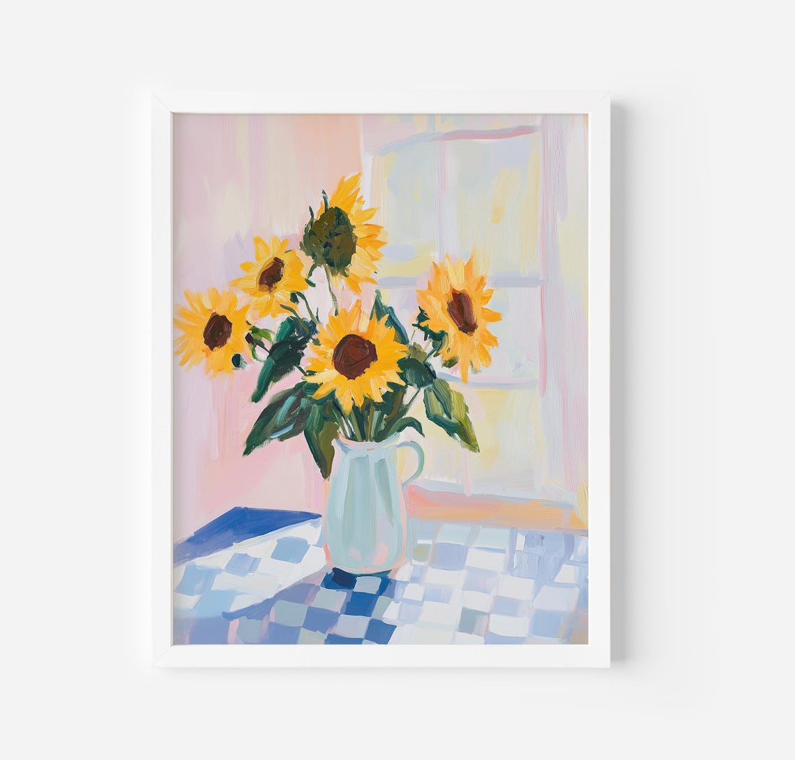Sunflowers In Blue Pitcher Checkered Table Summer Floral Poster