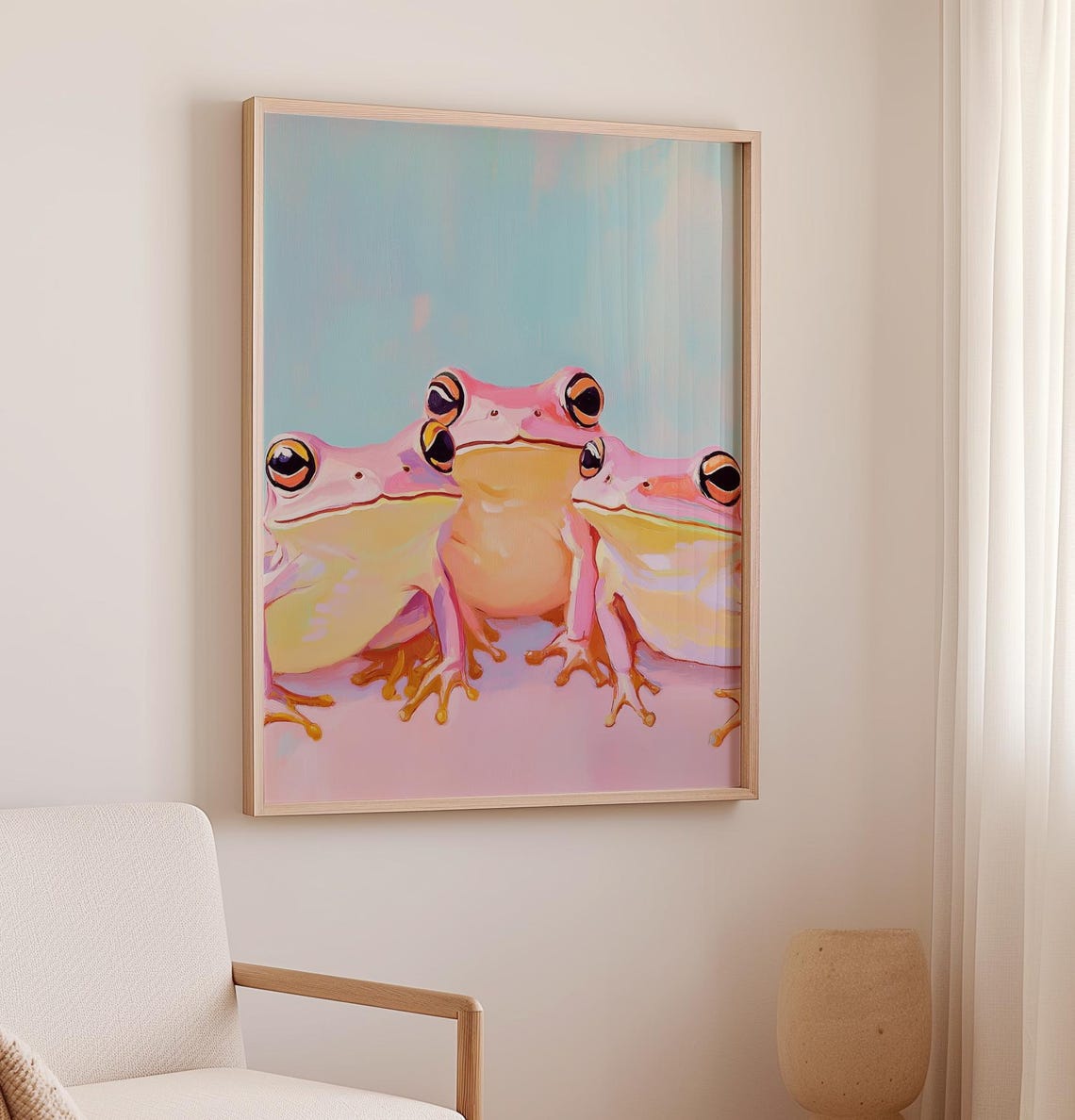 Playful Three Cute Pink Frogs Whimsical Pastel Nursery Art Poster - Image 2