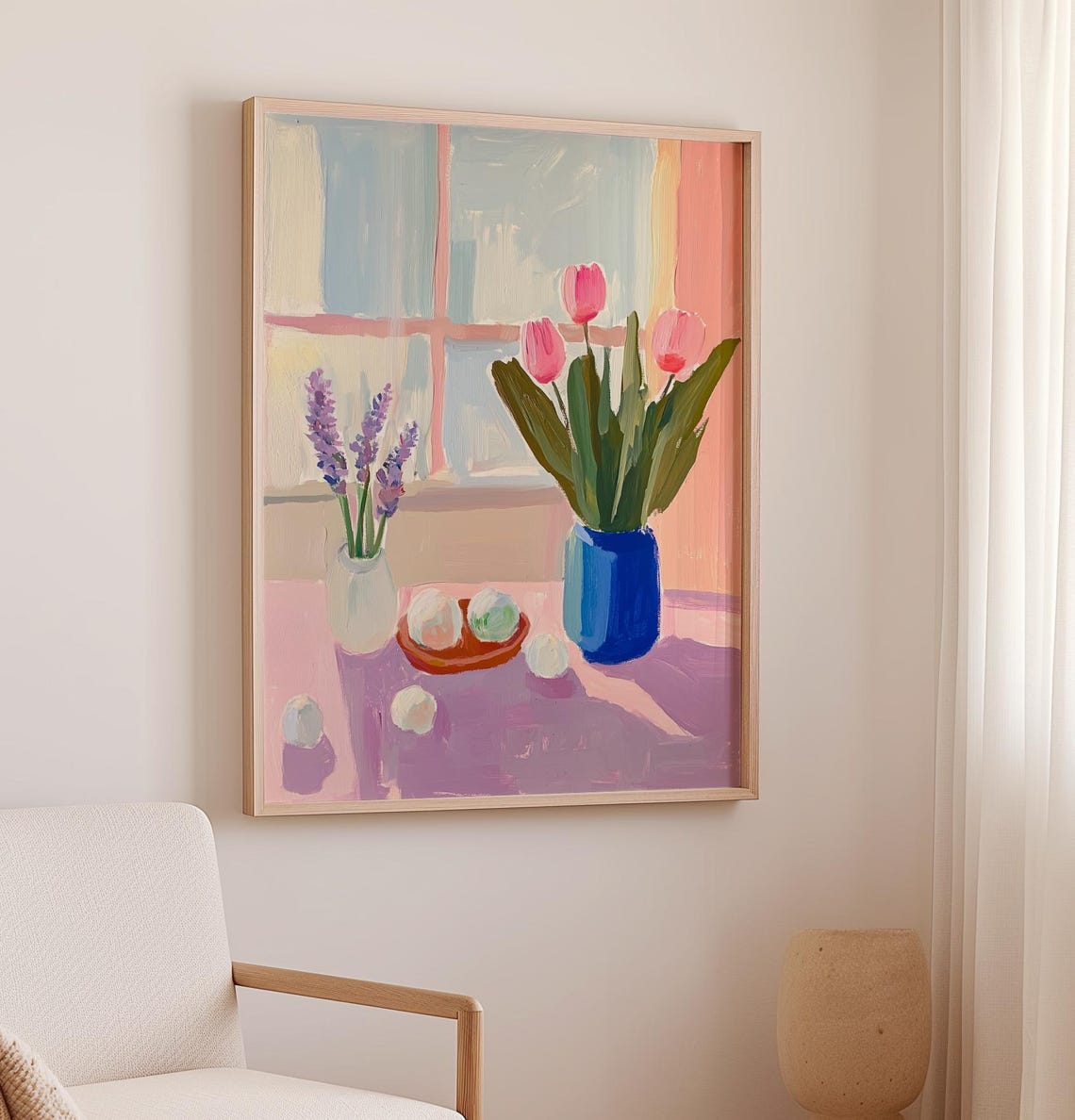 Pink Tulips and Lavender Floral Still Life Pastel Window Art Poster - Image 2