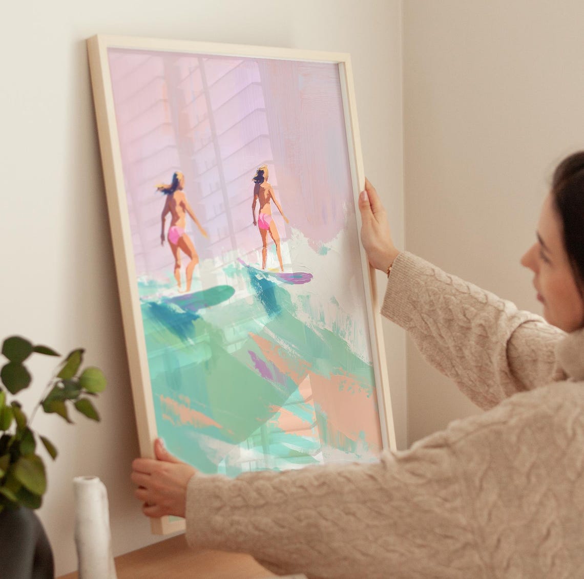Surfer Blonde Girls Wall Art Beach Waves Painting Acrylic Painting File French Style Trendy Painting Happy Gallery - Image 3