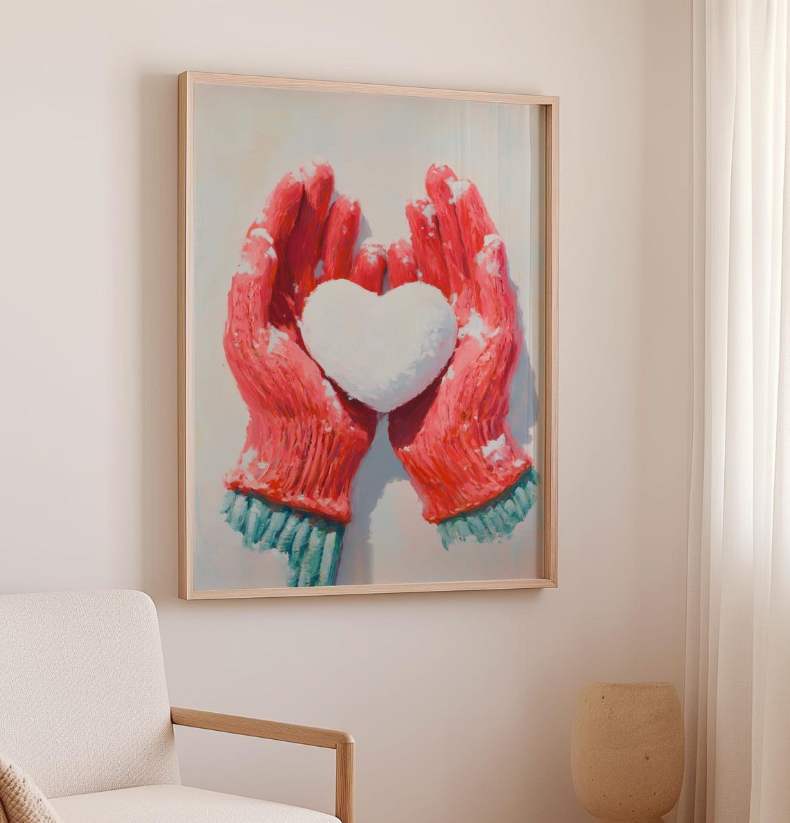 Red Mittens Holding A Heart Shaped Snowball Winter Scene Poster - Image 3