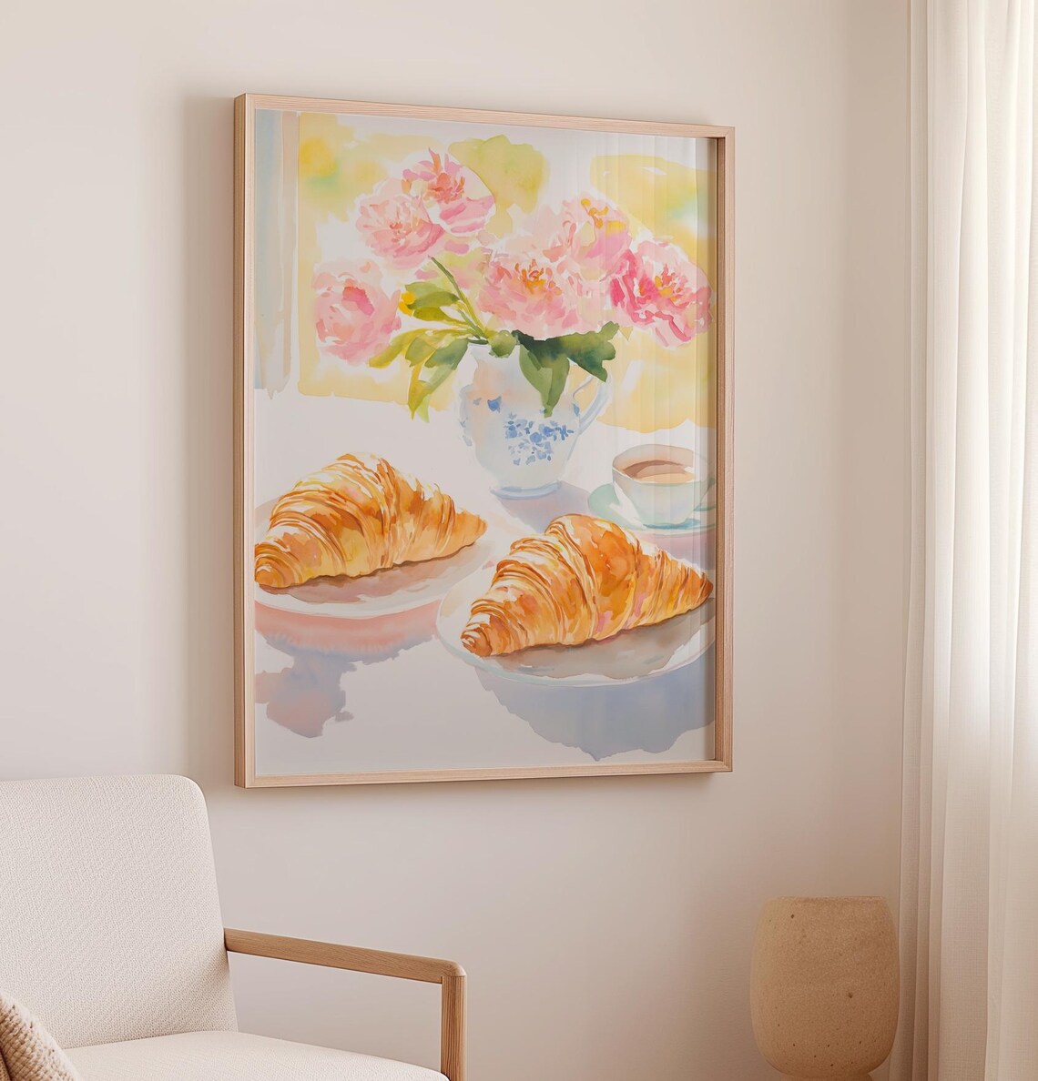 Croissants Coffee and Pink Peonies French Breakfast Watercolor Poster - Image 2