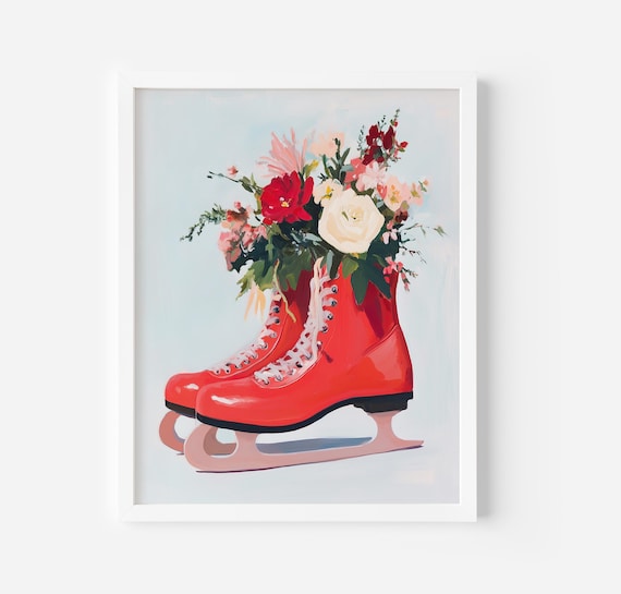 Red Ice Skates Filled With Fresh Flowers Winter Floral Poster