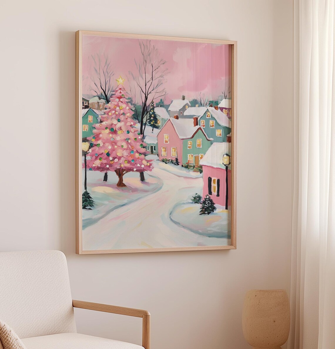 Pink Christmas Tree In Snowy Village Street Winter Scene Art Poster - Image 2