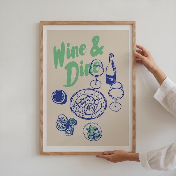 Wine and Dine Green Script Oyster Pasta Dinner Blue Line Art Poster