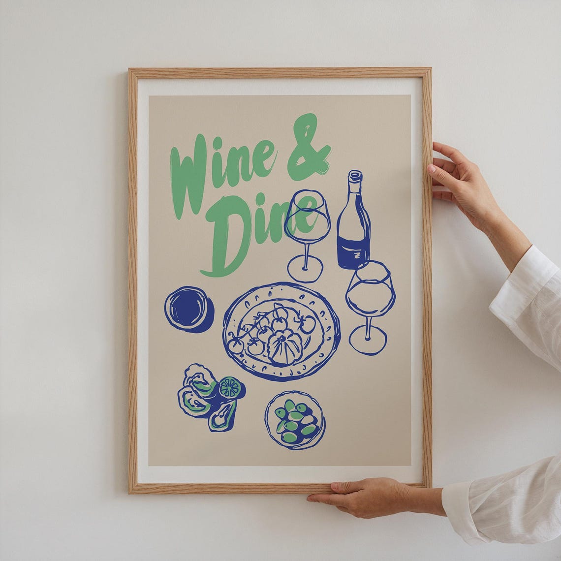 Wine and Dine Green Script Oyster Pasta Dinner Blue Line Art Poster