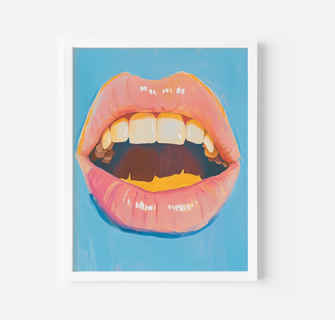 Glossy Pink Lips Open Mouth Retro Pop Art Style Vibrant Beauty Poster