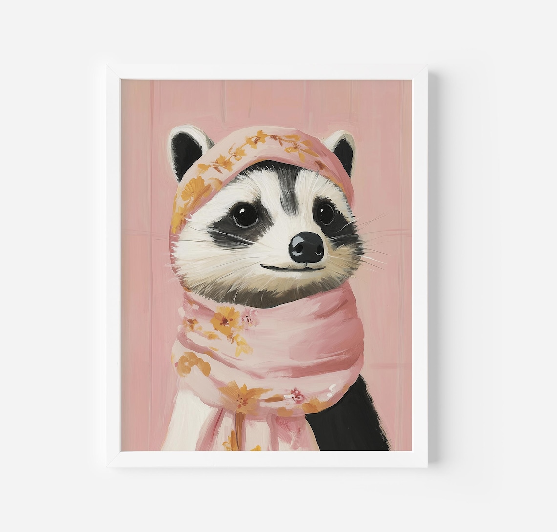 Raccoon In Pink Floral Babushka Whimsical Nursery Animal Poster