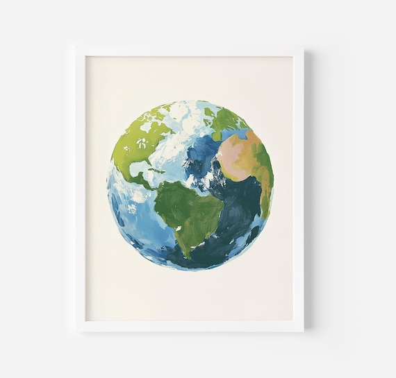 Planet Earth Watercolor Painting Green Blue Globe Nursery Art Poster