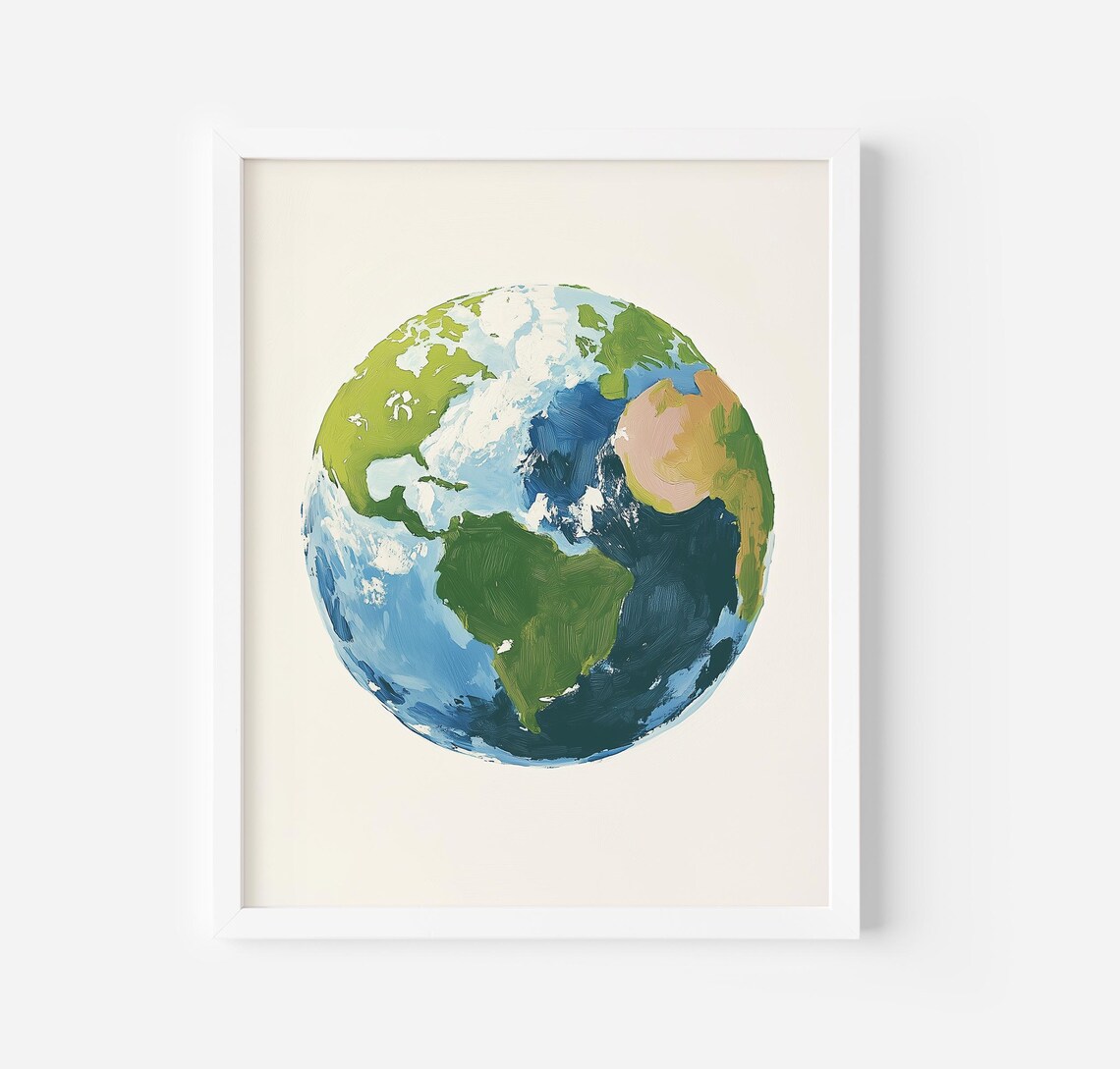 Planet Earth Watercolor Painting Green Blue Globe Nursery Art Poster