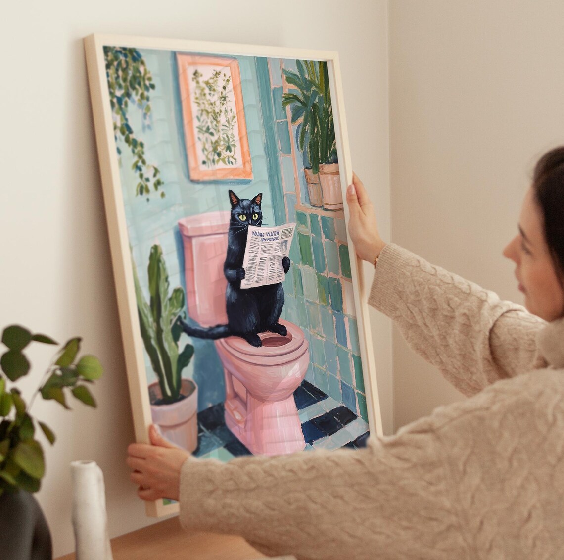 Black Cat on Toilet Bathroom Wall Art Print, Maximalist - Image 4