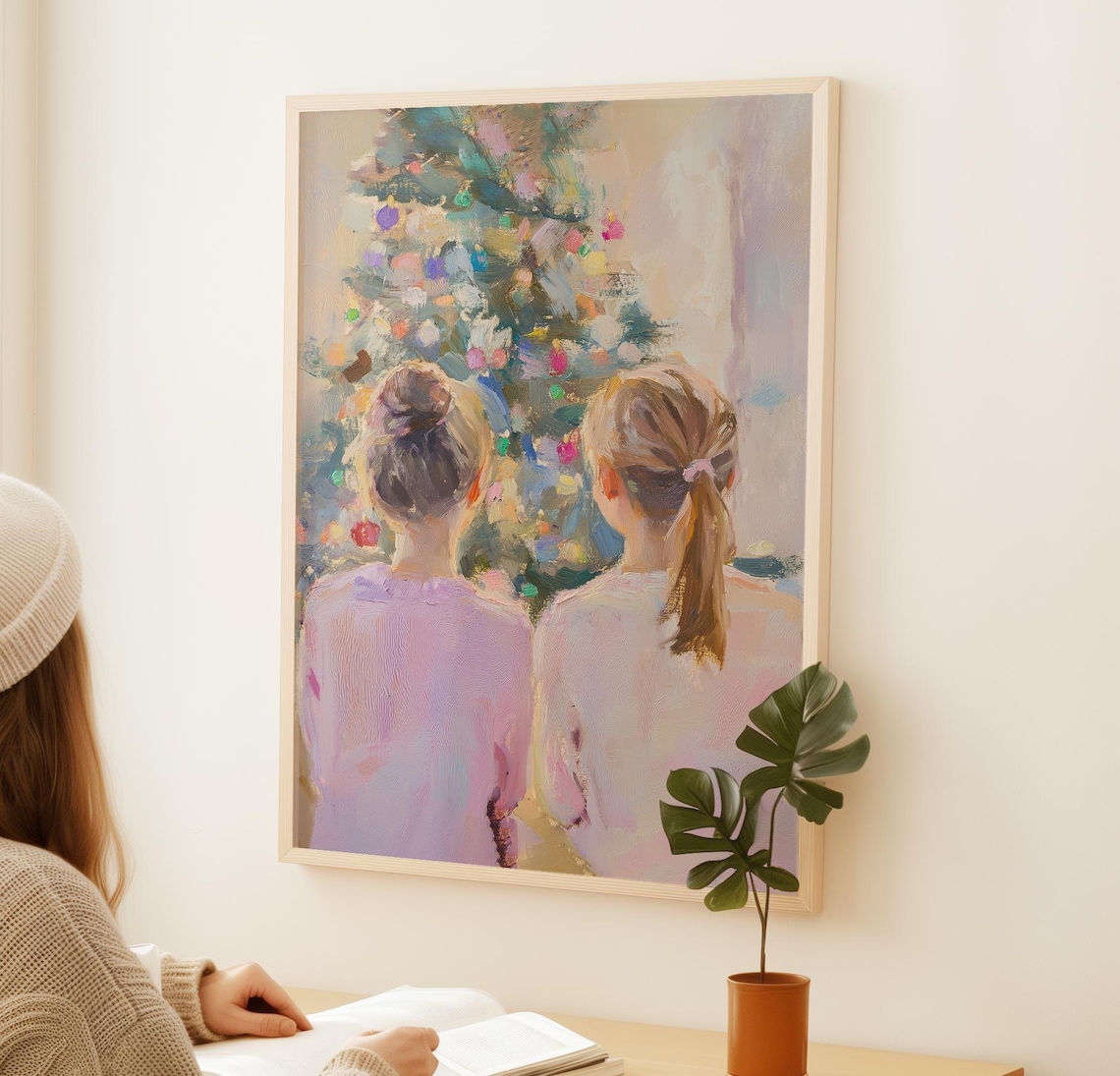 Two Girls Gazing At A Pastel Christmas Tree Holiday Scene Poster