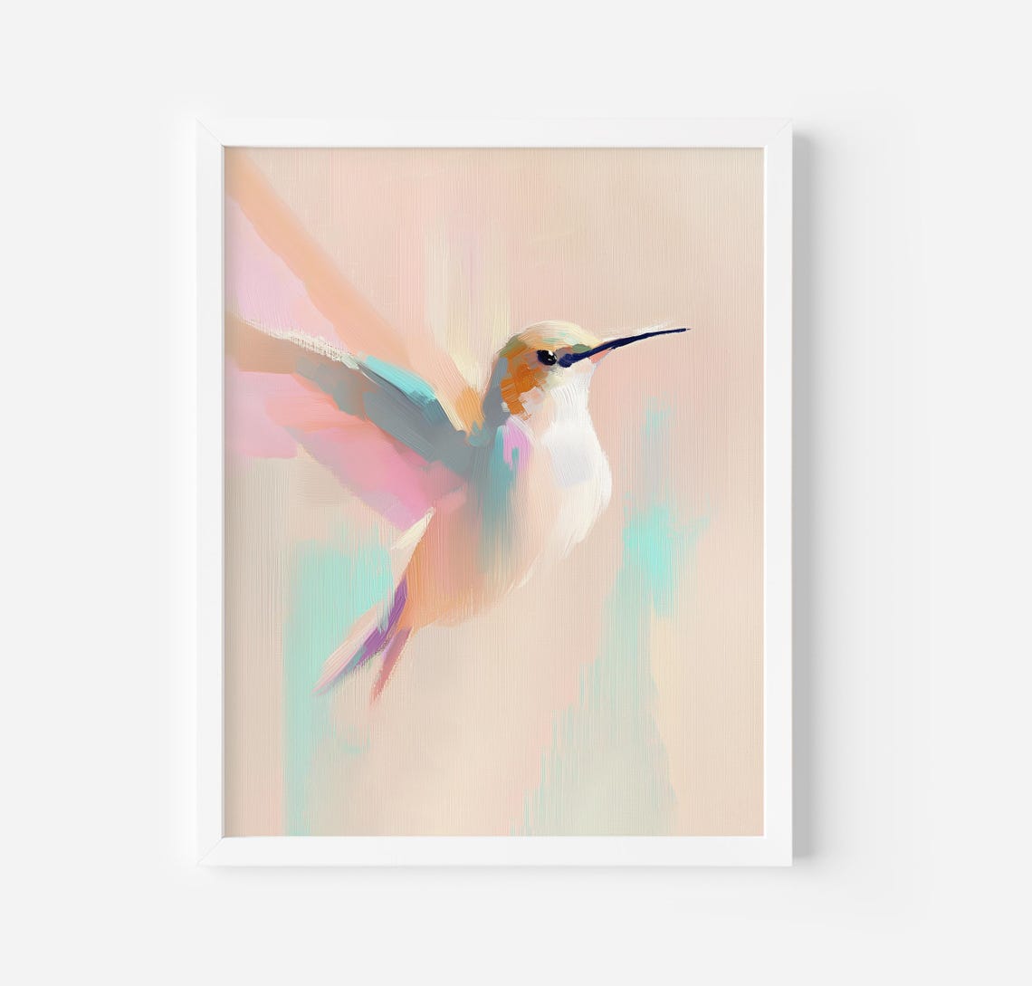 Hummingbird In Flight Pastel Watercolor Bird Painting Poster