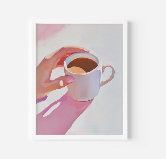 Coffee Painting French Style Kitchen Wall Art Girly Pink Art Coffee Bar Print Soft Tones Poster Trendy Fine Art Coffee Poster