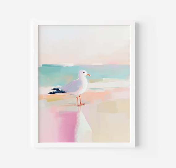White Seagull Standing On Pastel Beach Coastal Nautical Poster