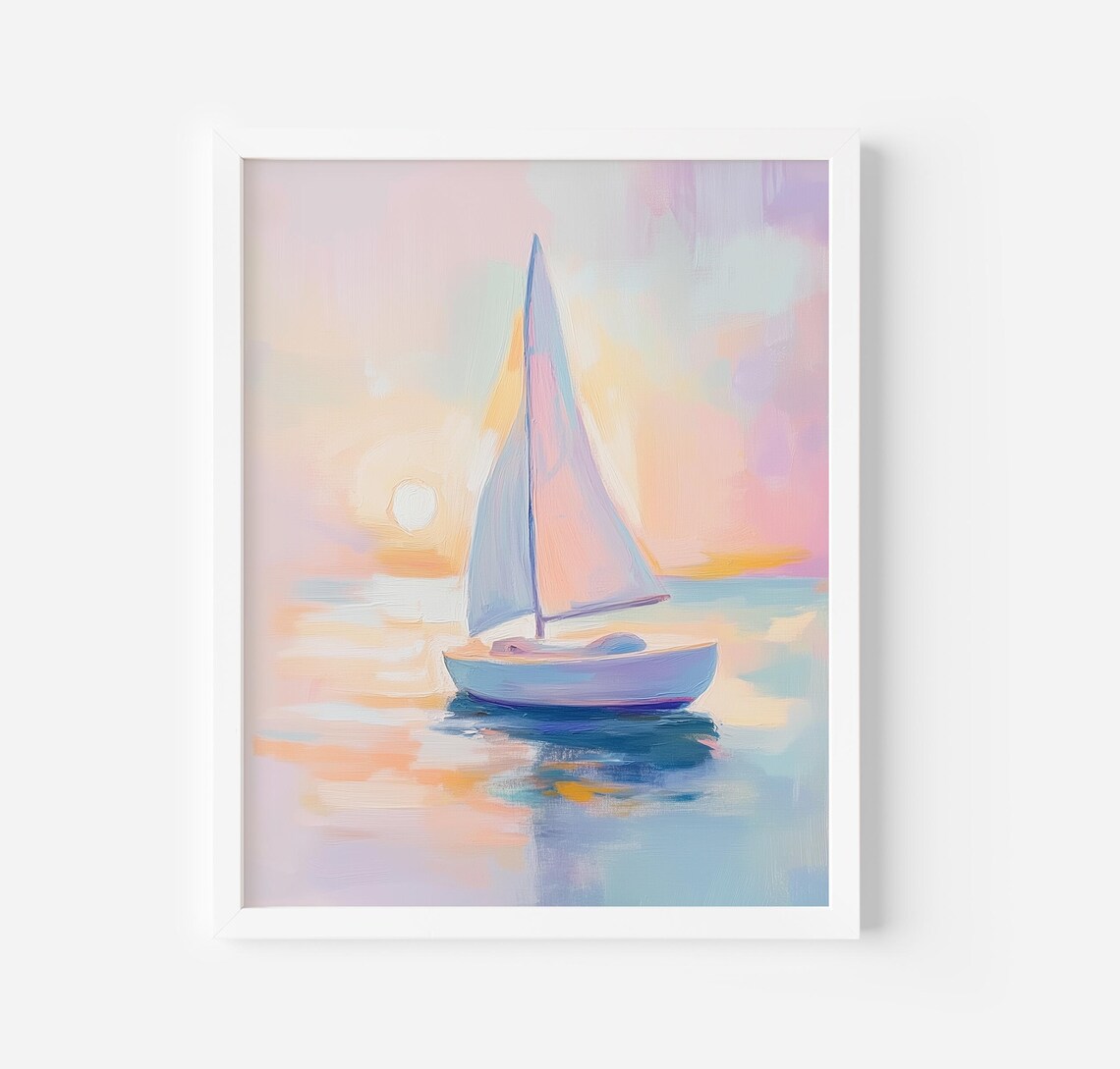 Sailboat At Pink Sunset Pastel Ocean Sailing Painting Poster
