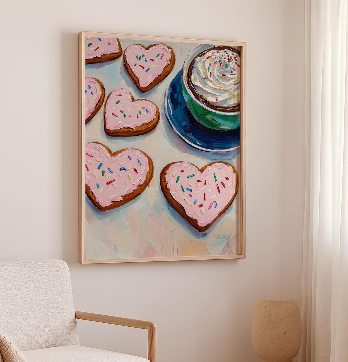 Pink Heart Cookies With Sprinkles And Hot Cocoa Cup Art Poster - Image 3