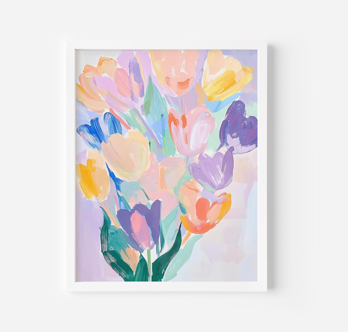 Bouquet Of Flowers Painting Floral Art Home Decor Art Prints Floral Pastel Colours Print Girls Bedroom Gift Idea Minimalist Wall Art