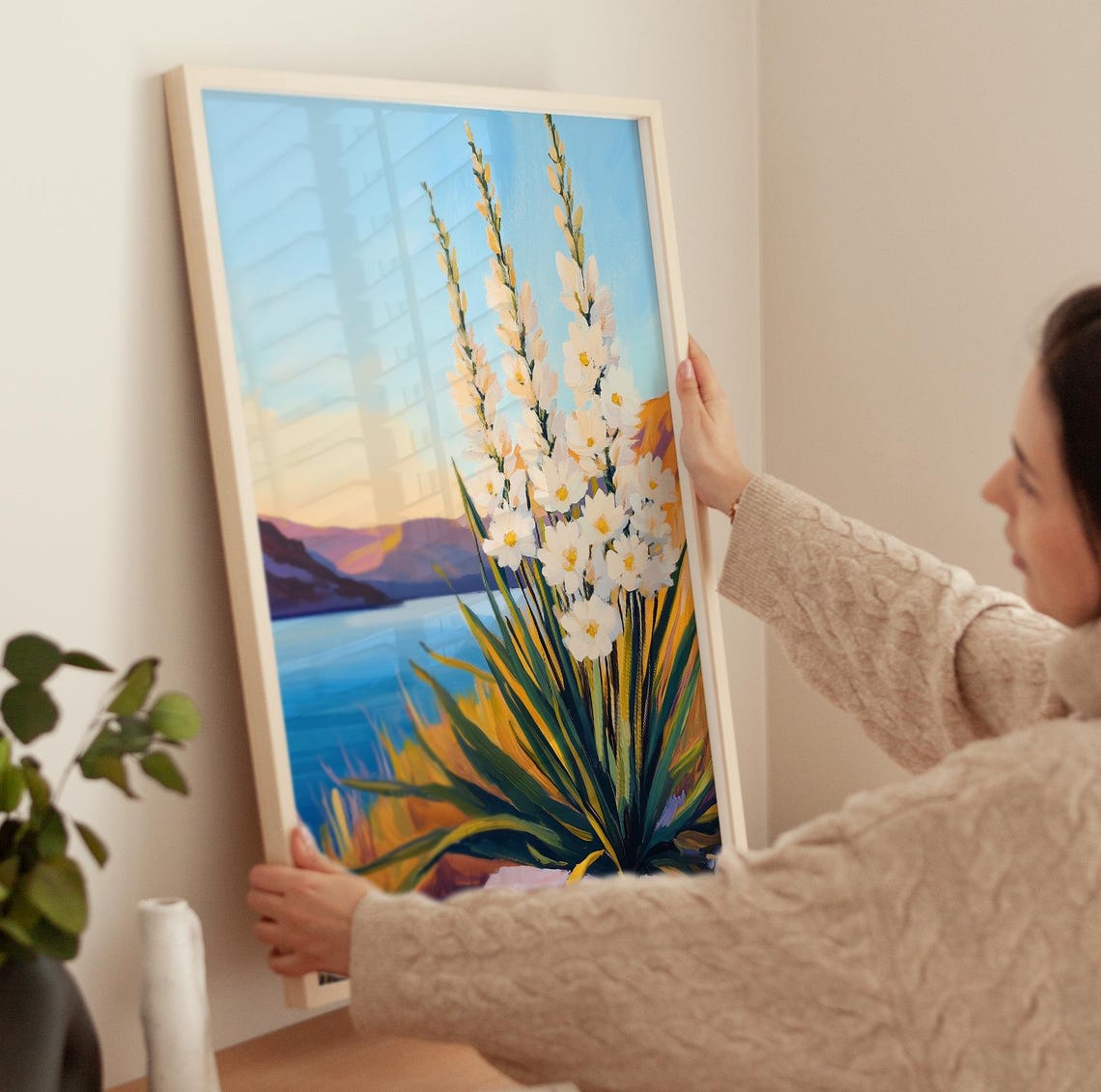 Yucca In Bloom White Blossoms Desert Lake Sunset Southwest Poster - Image 3