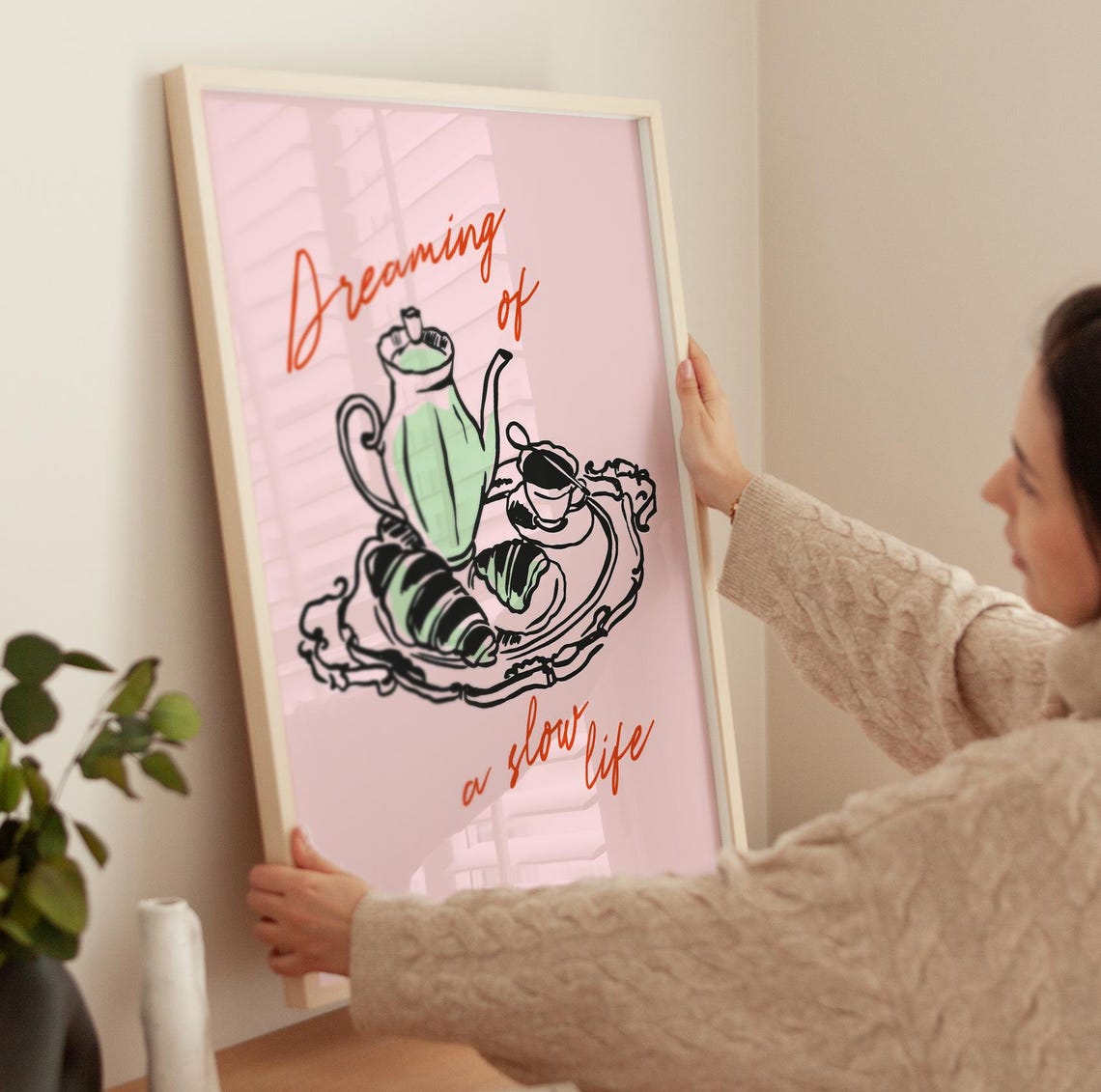 Dreaming Of A Slow Life Print Pink Tea Tray Croissant Cozy Kitchen Art - Image 4