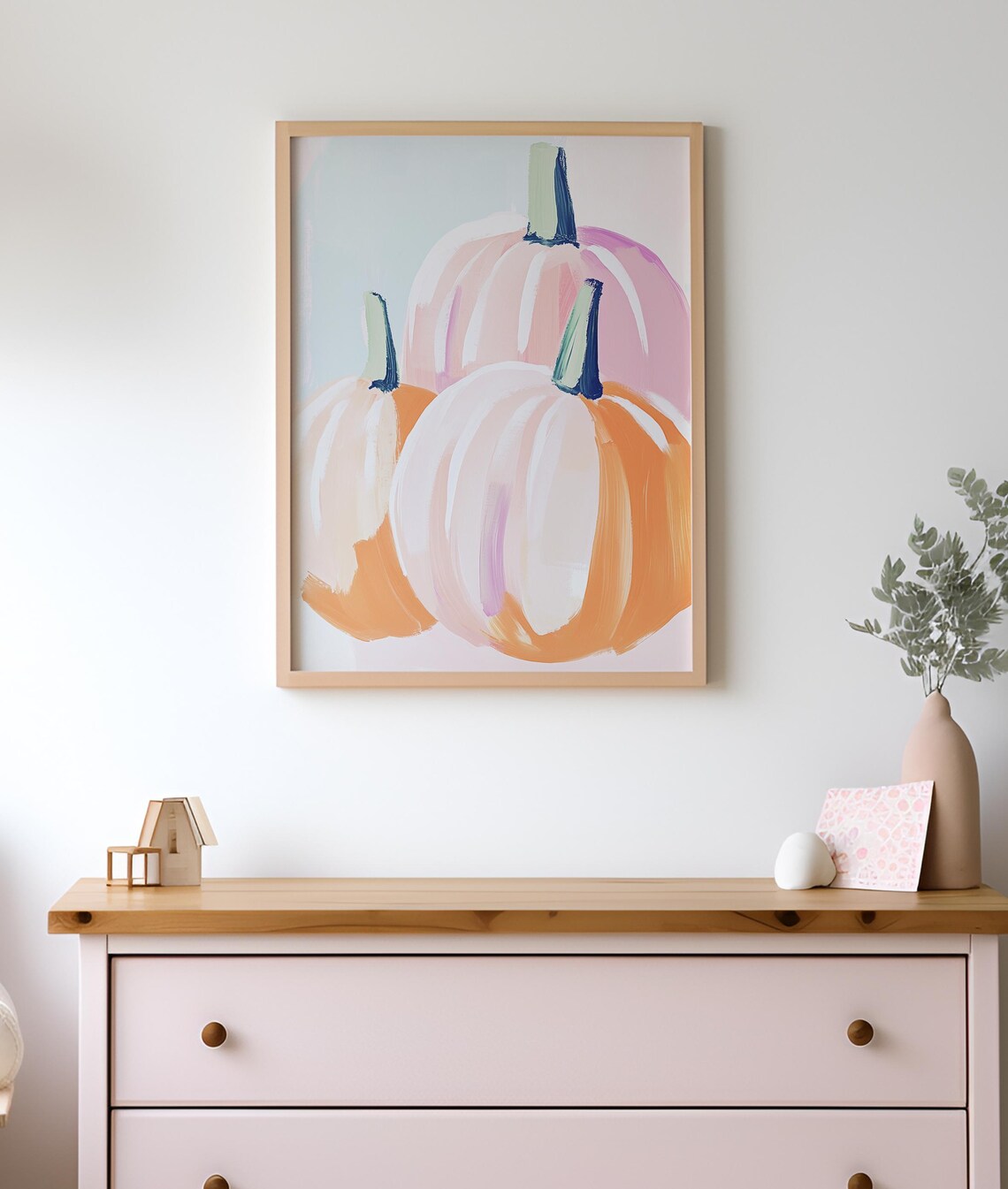 Three Pink Pumpkins Pastel Fall Halloween Watercolor Painting Poster - Image 2