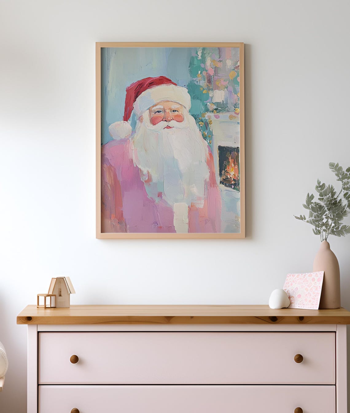 Pink Pastel Santa Claus Portrait Glowing By The Fireplace Poster - Image 3