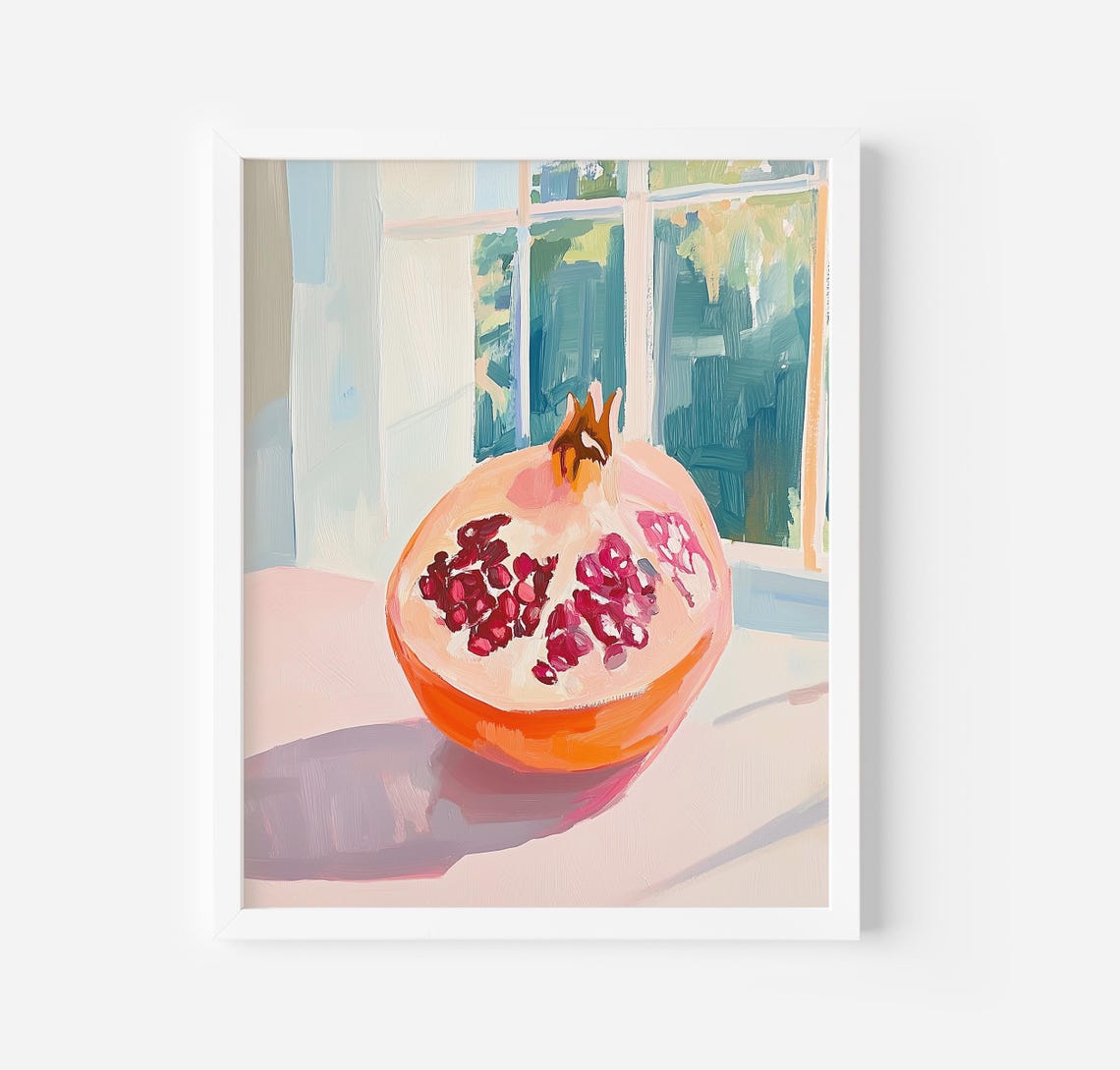 Sliced Pomegranate on Sunlit Windowsill Ruby Seeds Still Life Poster