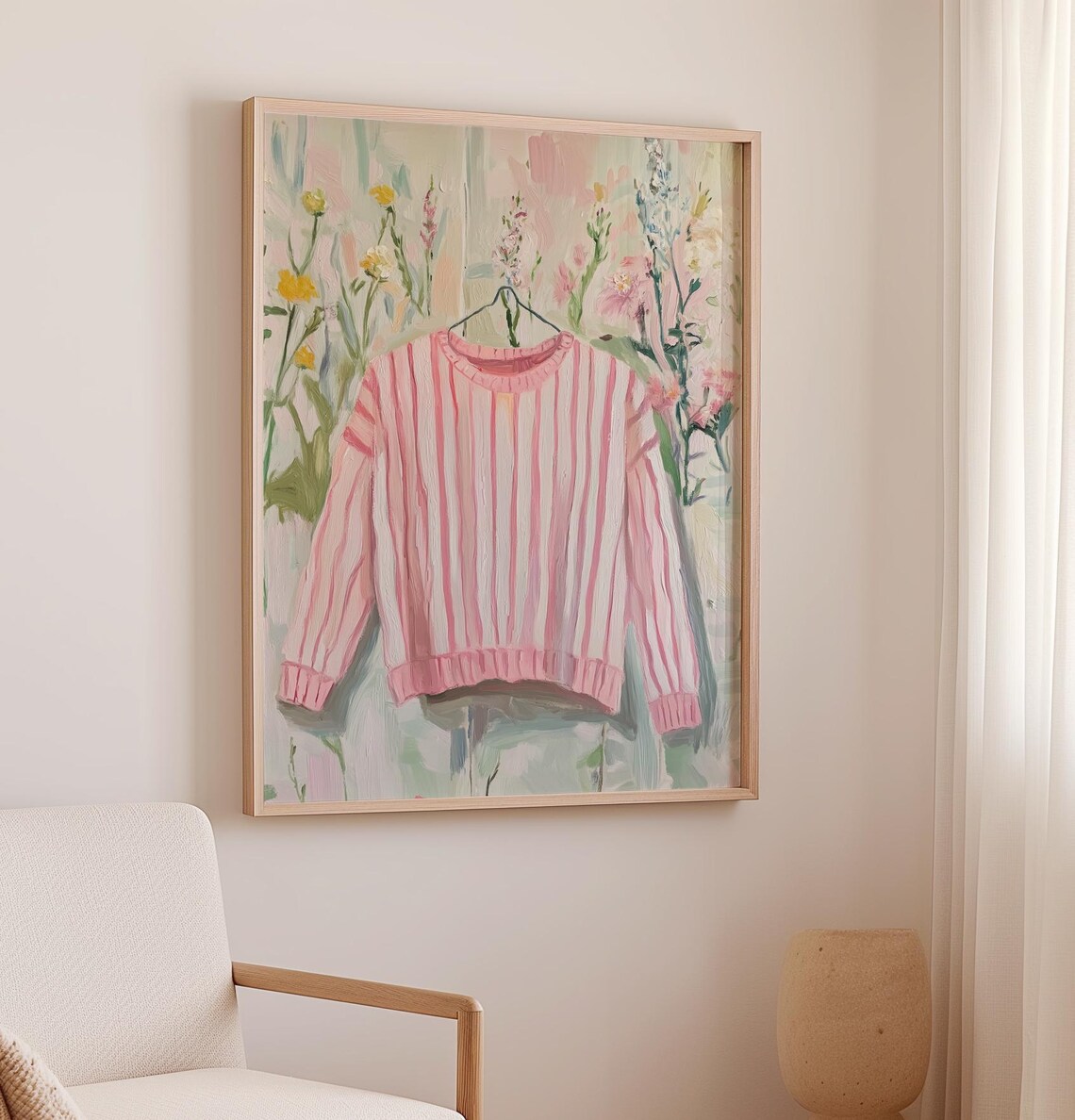 Pink Striped Sweater on Floral Wallpaper Cozy Fashion Illustration Poster - Image 2