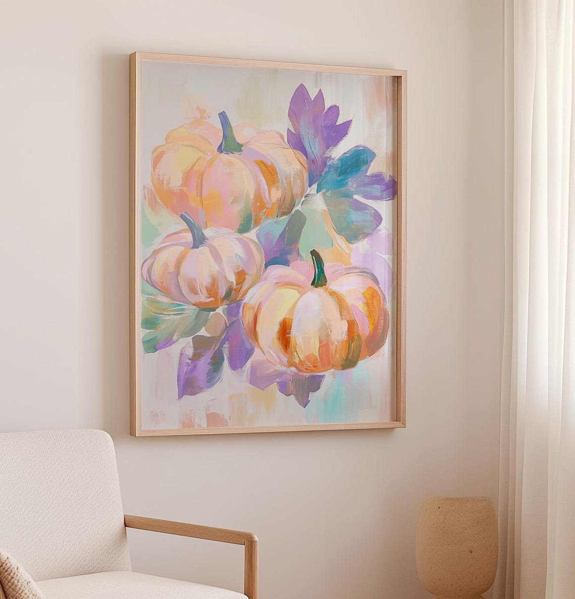 Three Pumpkins With Purple Leaves Pastel Fall Watercolor Poster - Image 2