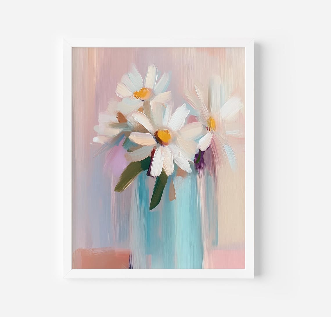 Fresh White Daisy Bouquet In Blue Glass Vase Pastel Floral Poster