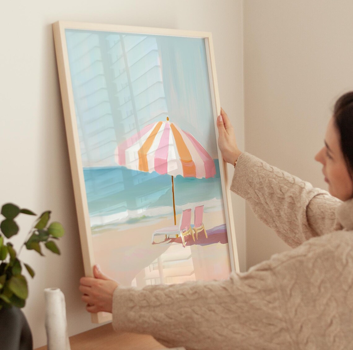 Pink Striped Beach Umbrella Art Print, French Style - Image 3