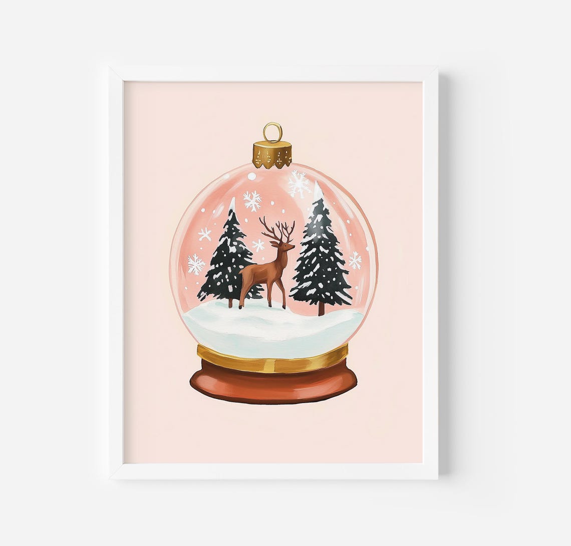 Pink Snow Globe With Deer And Pine Trees Blush Christmas Poster