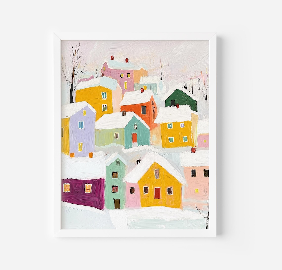 Colorful Snowy Village Houses Winter Town Street Scene Poster