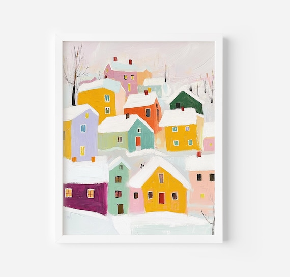 Snowy Village Aesthetic Wall Art Cute Christmas Art Christmas Decor Cozy Winter Decor Farmhouse Decor Art
