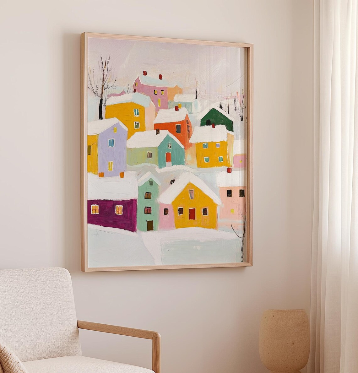 Colorful Snowy Village Houses Winter Town Street Scene Poster - Image 2