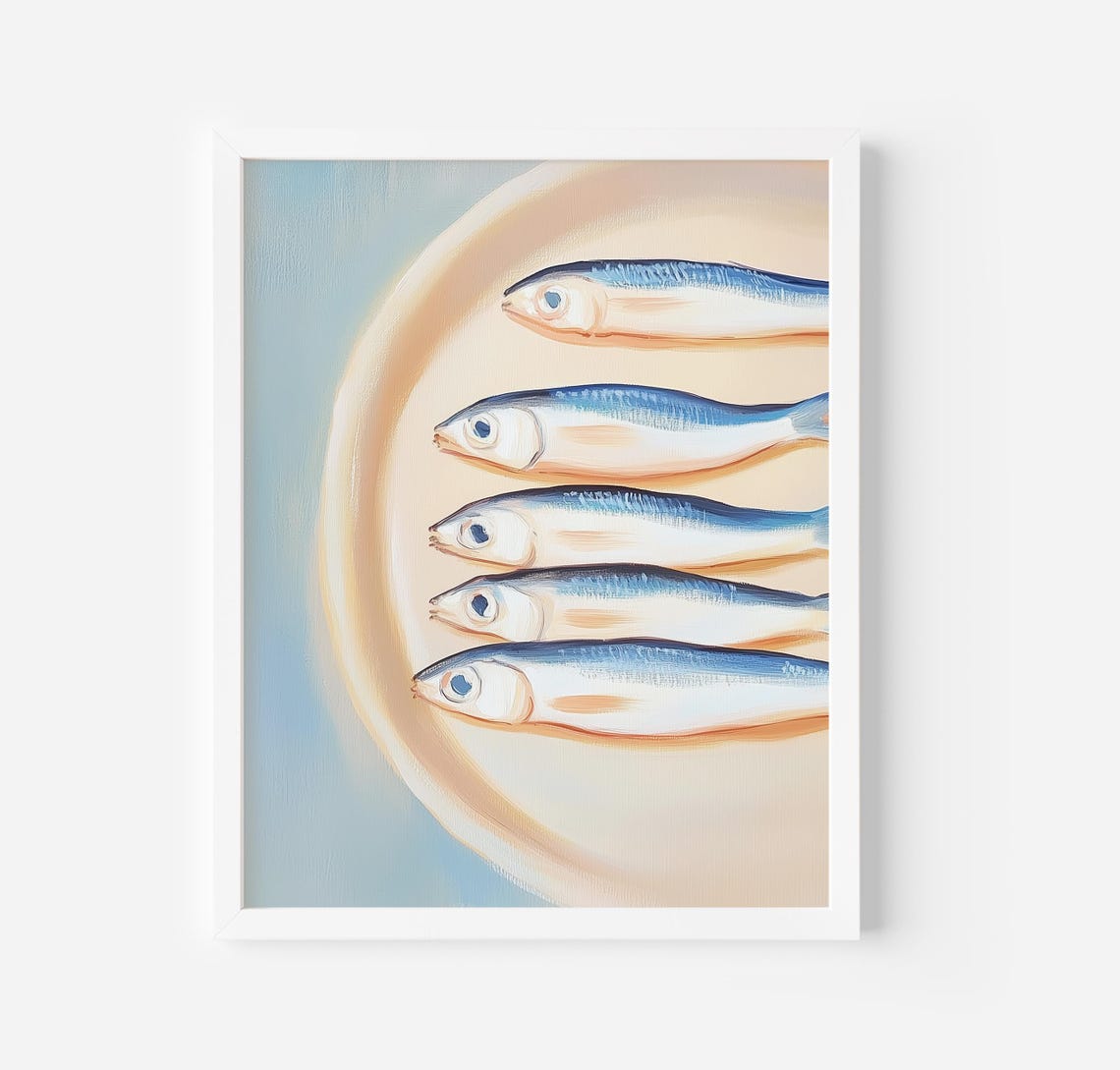 Sardines On A Plate Pastel Mediterranean Seafood Kitchen Poster