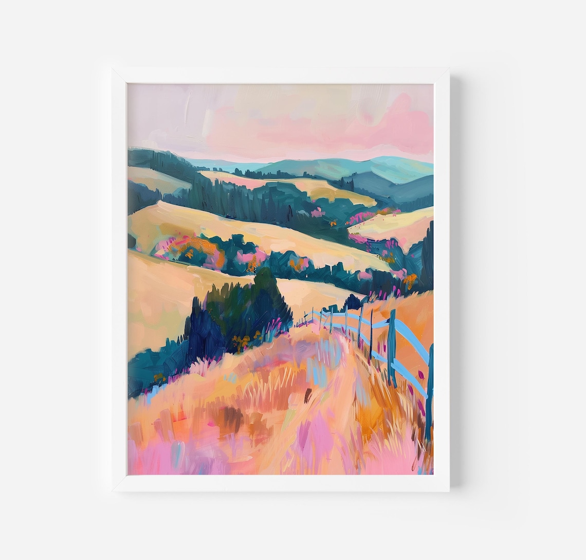 Golden Hills With Fence Path Countryside Landscape Painting Poster