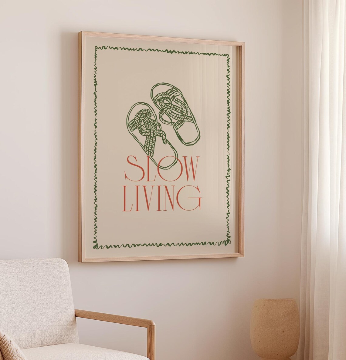 Slow Living Print Rope Sandals Beach Quote Beige Green Retro Wall Art - Image 3