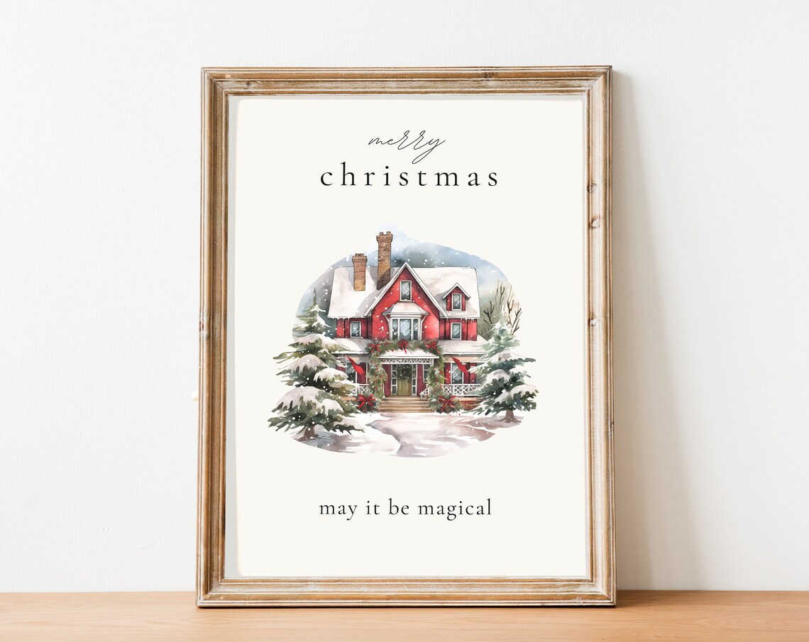 Merry Christmas May It Be Magical Red House Snow Watercolor Poster - Image 2