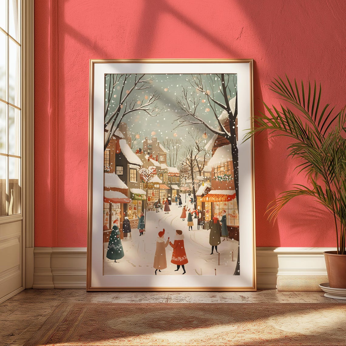 Snowy Christmas Market Street Evening Lights Festive Town Scene Poster - Image 3