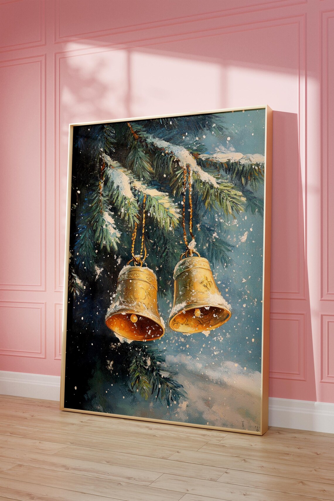 Golden Christmas Bells on Snowy Pine Branch Vintage Holiday Poster