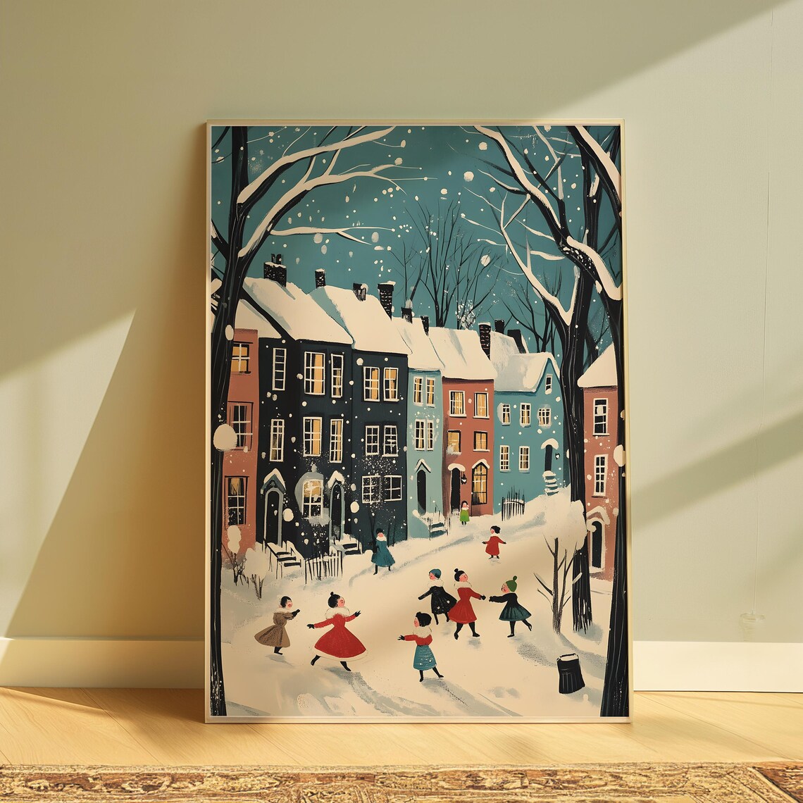 Snowy Christmas Village Street Children Playing Vintage Style Poster - Image 3