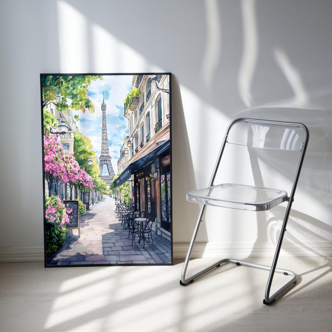 Paris Eiffel Tower Watercolor Cafe Street Spring Blossom Art Poster - Image 2
