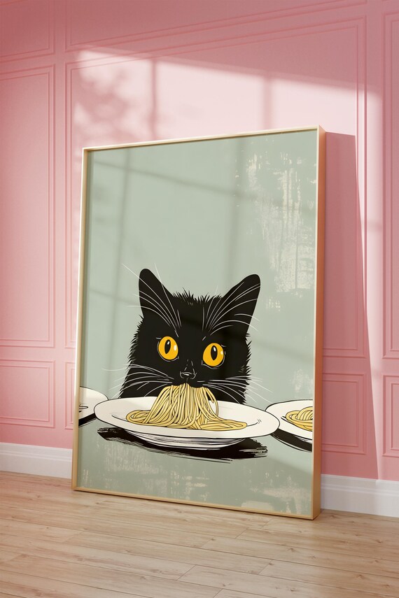 Black Cat Eating Spaghetti Funny Kitchen Cat Humor Art Poster